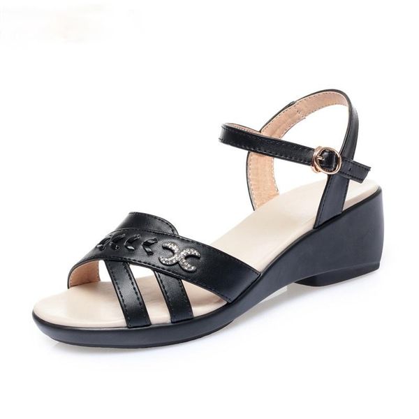 

sandals women large size 2021 summer genuine leather women's wedge comfortable mother shoes, Black