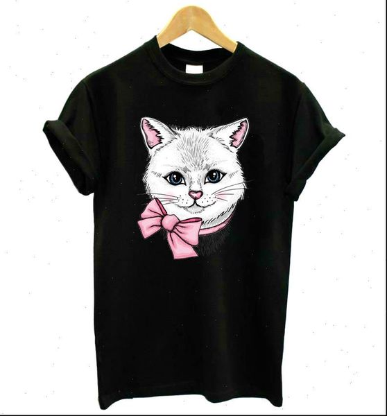

cat with bow print cotton womens t shirt casual funny yong girl tee better quality drop ship kt 7, White