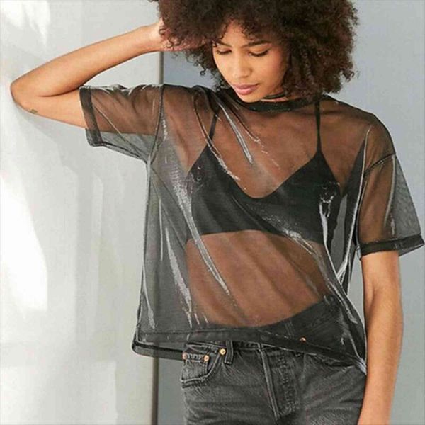 

summer mesh short sleeve women crew neck loose transparent tees hollow, White