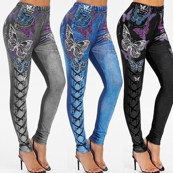 

women's leggings butterfly print women plus size high waist slim trousers fall fashion sweatpants lugentolo, Black