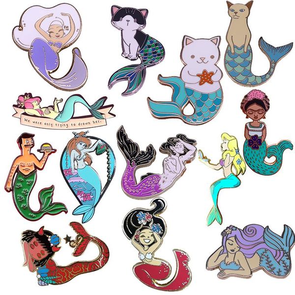 

pins, brooches gorgeous memaid hard enamel pin collecting lovely sea princess lapel badges beautiful cat girl fish metal cartoon brooch, Gray