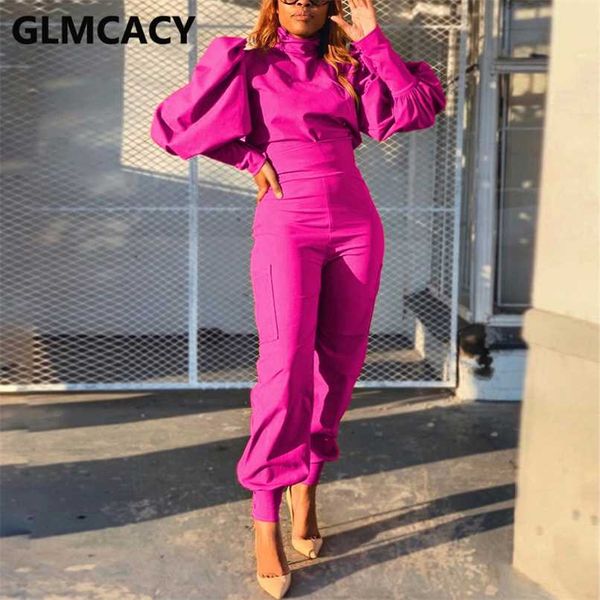 

women two piece chic suits lantern sleeve & high waist cargo pants set streetwear 211116, Gray
