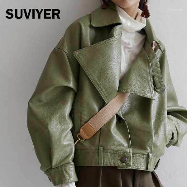 

women's jackets [suviyer] spring autumn loose pu leather batwing sleeve vintage jacket street casual outwear ladies biker coat multicol, Black;brown