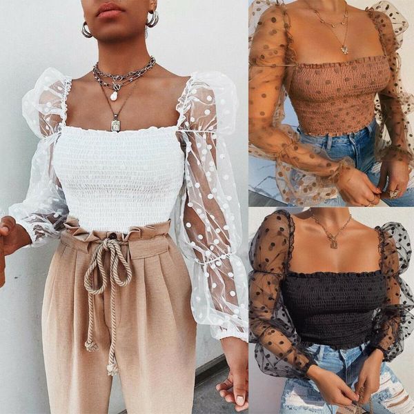 

women shirt spring summer mesh polka ruffle long sheer sleeve square collar pullover blouse women's blouses & shirts, White