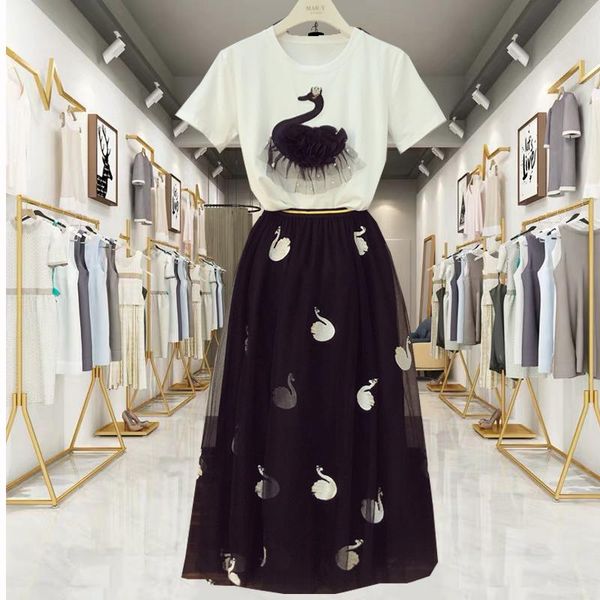 

summer est appliques beading embroidery swan long skirt suits women 2 piece sets cotton t-shirt mesh pleated tulle women's two pants, White