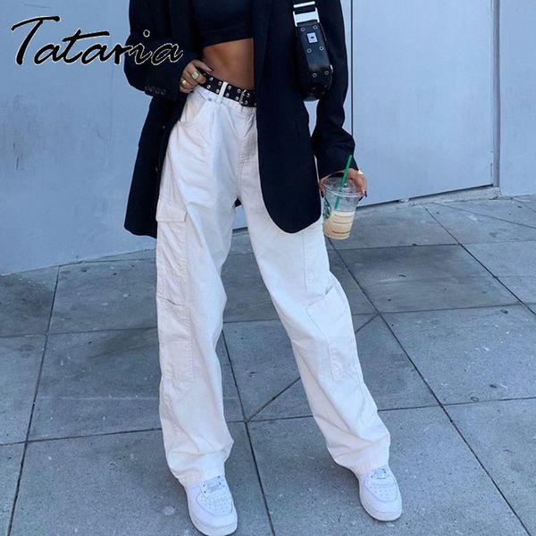 

woman jeans vintage high waist cargo straight pants women black white blue pocket femme ripped jeans trousers for female 210514