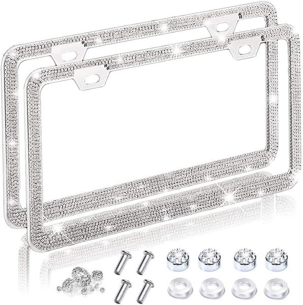 2x BLING Licença de Carro Frames para Mulheres Capa de Diamante Sparkly, Glitter Strass Aço Inoxidável Moldura Interiorexternal