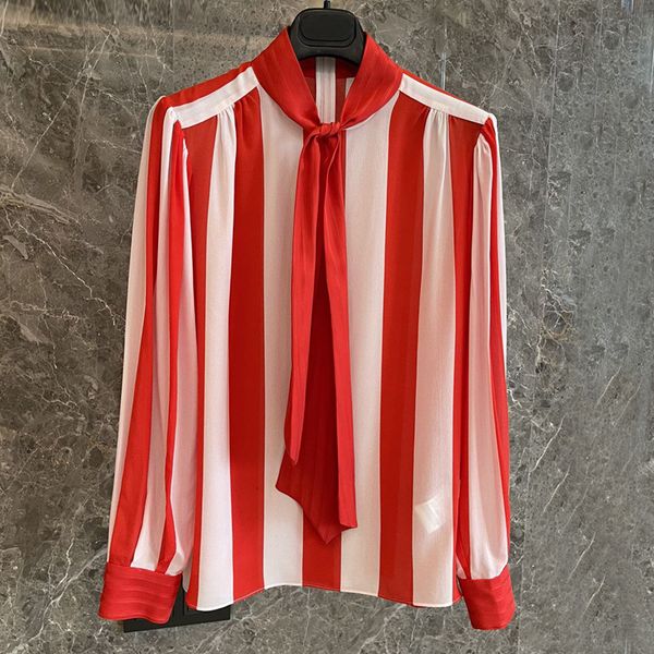 

spring/summer 100% red and white stripes loose from silk all-match long-sleeve shirt female blouse 2021