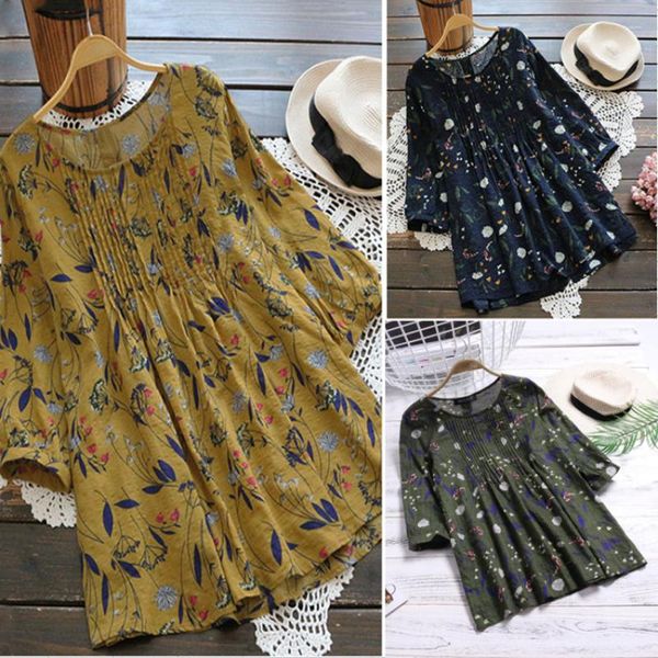 

women's blouses & shirts women boho floral loose shirt 3/4 sleeve cotton linen plus size tunic blouse, White