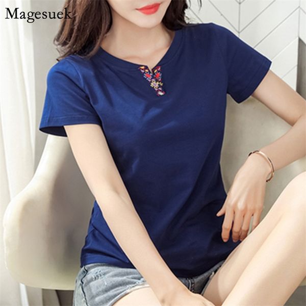 

summer v-neck tee shirt femme plus size casual women shirts embroidery solid short sleeve woman t-shirts clothing 8607 210512, White