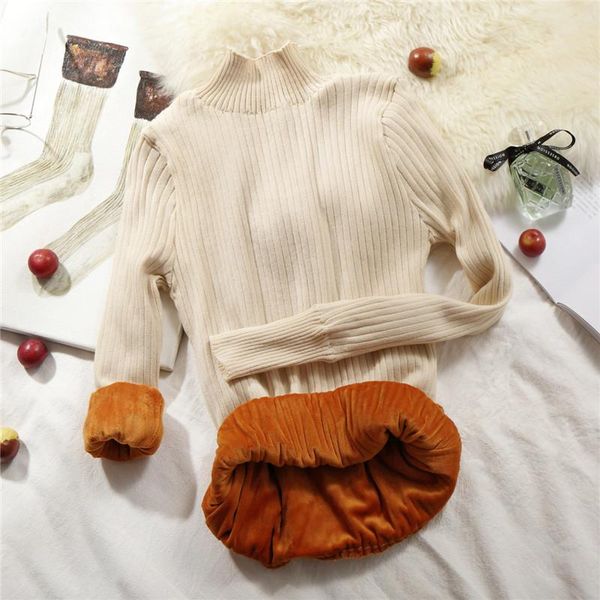 

women's sweaters 2021 winter turtleneck women korean knitted bottoming shirt stripe plus velvet thicken sweater warm comfortable black, White;black