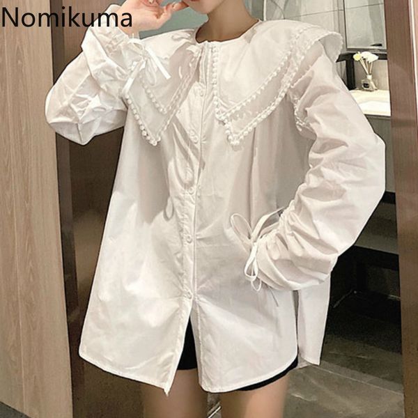 

nomikuma long sleeve drawstring lace up white shirts female turn down collar solid color korean chic blouse women blusas 3d726 210514