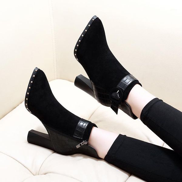 

boots flocks autumn winter women shoes high heel black ankle for fashion pointed toe heels femme party1
