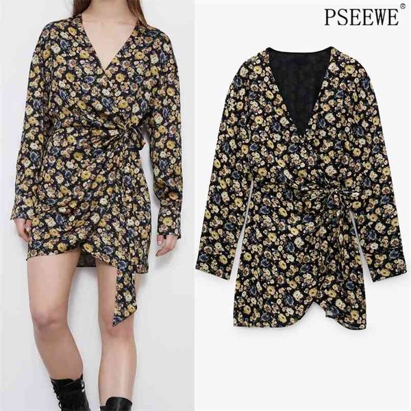 Vintage Preto Floral Impressão Curta Jumpsuit Dress Mulheres V Neck Envoltório Amarrado Queda Manga Longa Elegante Senhoras Jumpsuits 210519