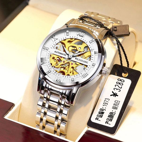 

automatic mechanical watch men's hollow steel strip business waterproof luminous fashion 2021 new, Slivery;brown