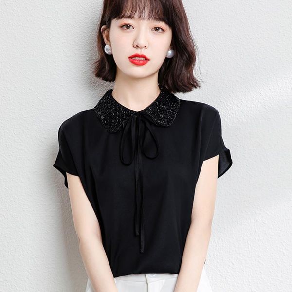 

women's blouses & shirts coigarsam fashion short sleeve shirt womens summer solid mesh turn-down collar women black white 5120