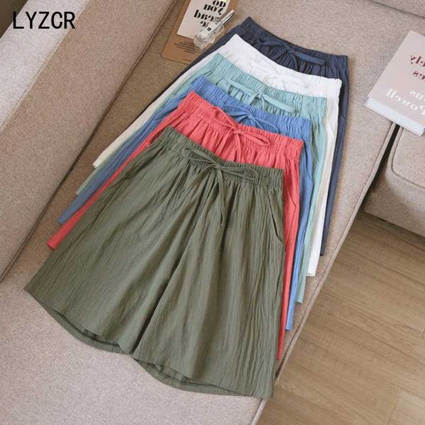 

summer cotton line shorts with high waist loose wide leg shorts for women knee length straight cotton short female plus size 3xl 210611, White;black