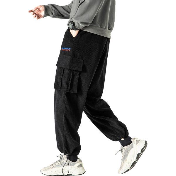 

2021 harajuku men streetwear corduroy cargo pants jogger hare runners, Black