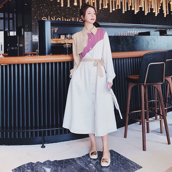 

casual dresses long dress female design sense 2021spring autumn stitching contrast color fashion lapel single-breasted loose shirt, Black;gray