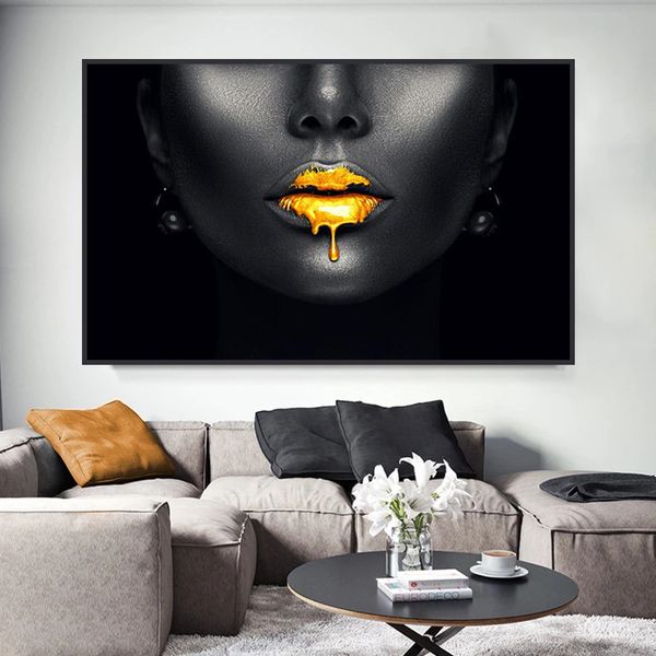 

gold lips african black woman canvas paintings on the wall art posters and prints black face pictures for living room unframed