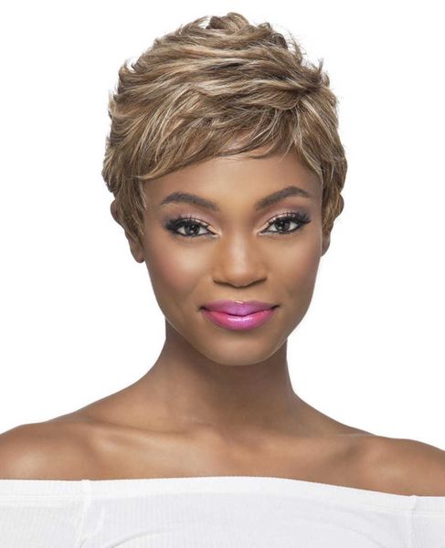 

female short straight hair color mixing mechanism chemical fiber headgear pixie cut wig, Black