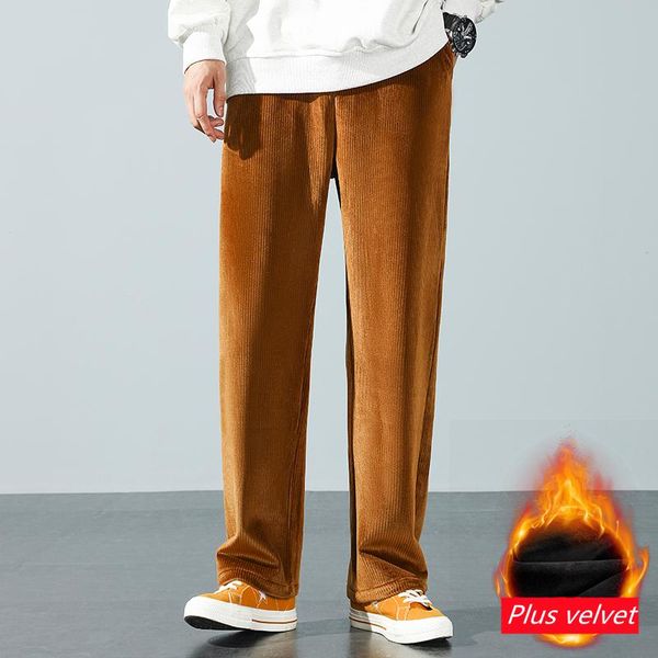 

men's pants 2021 winter plus velvet thick casual corduroy fleece warm loose trousers male stretch brand clothing, Black