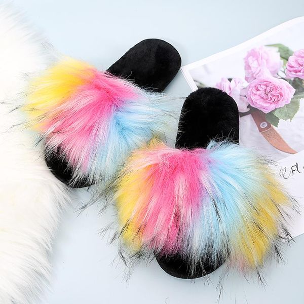 

slippers home women's platform low slides multicolored sandals female shoes fashion fur flip flops massage 2021 luxury flat, Black
