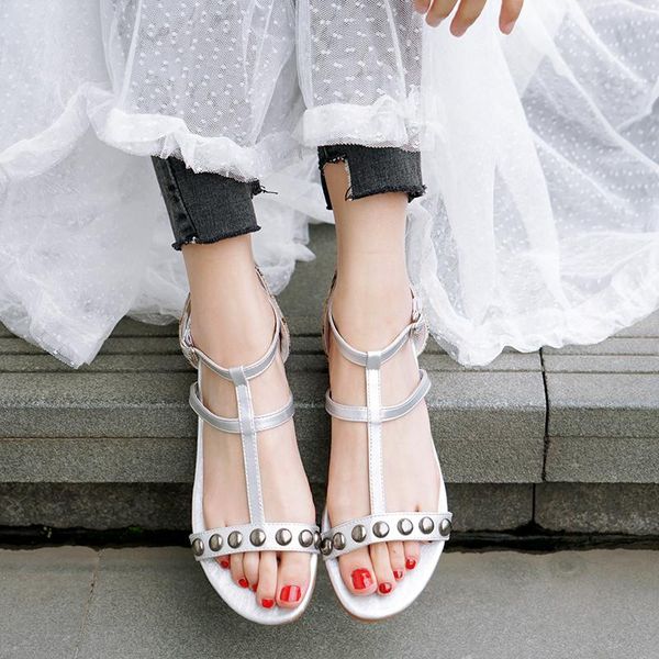 

flat heel women studded sandals cover rivet beach casual vacation gladiator shoes silver black summer