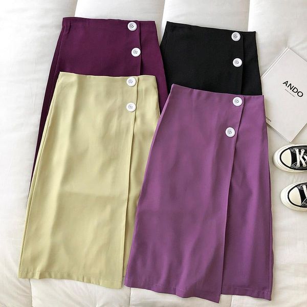 

skirts draping retro button high-waisted long skirt for womens 2021 summer women's korean thin vintage split elegant, Black
