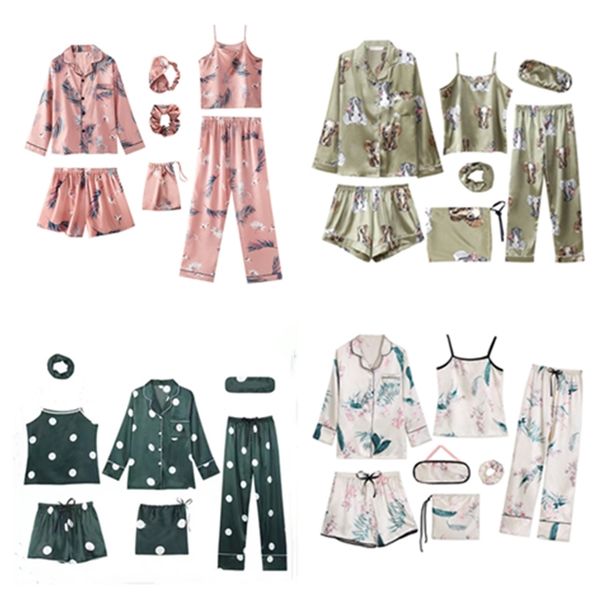 

lingering warmth 7 pieces silk satin pajamas sets pyjamas sleepwear pijama suit female sleep loungewear 210809, Black;red