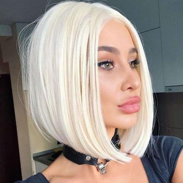 

straight soft short cut bob 180% density transparent white blonde 13x4 lace front human hair wig with babyhair can permed dye wigs, Black;brown