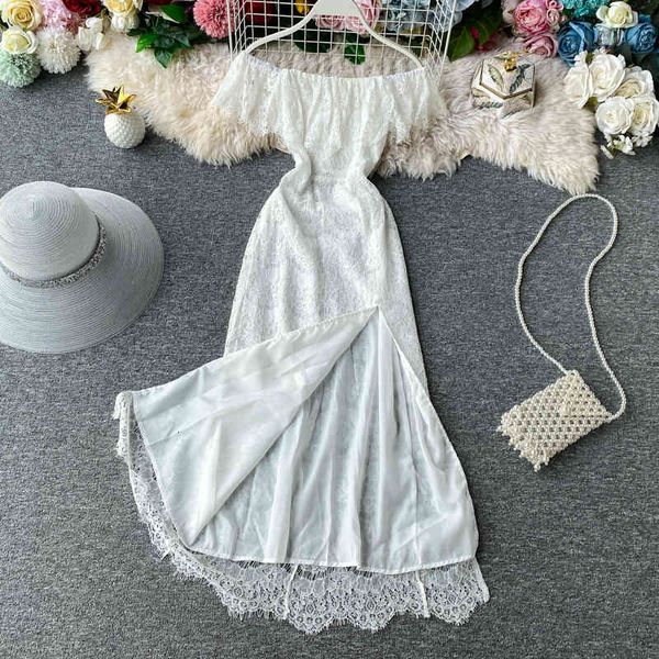 

dresses white new women's french retro girl's knee length is a fairy off lace dress with split shoulder, Black;gray