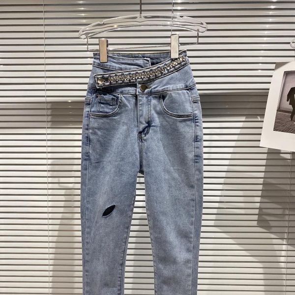 

spring arrivals solid color high waist big rhinestone sashes temperament slim pencil pants mz825 women's jeans, Blue