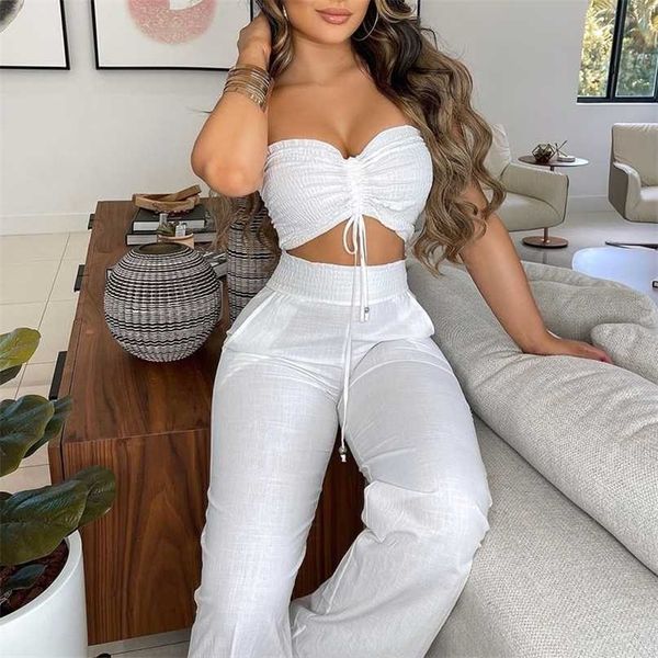 

summer women casual white two piece suit sets sleeveless drawstring bandeau crop & shirred high waist long pants 211105