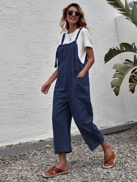 

solid dual pocket suspender jumpsuit 71sq#, White