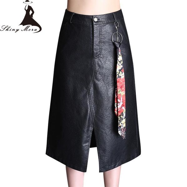 

skirts shinymora a line pu long women high waist loose fashion slim leather female elegant knee length casual skirt, Black