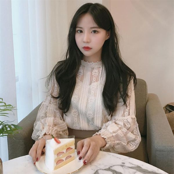 

women's blouses & shirts hollow out sweet lace mash spring autumn clothing korean fashion brand blouse ladies ins, White