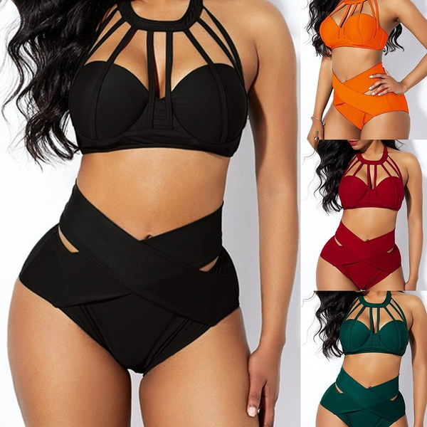

2021 plus size womens criss cross swimwear high waist bandage 2pcs halter bikini set swimsuit solid bathing suit monokini, White;black