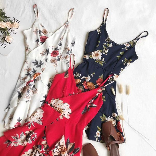 

casual dresses fmfssom 2021 summer floral v-neck irregular ruffle mini dress women spaghetti strap flower evening jacquard black clothi, Black;gray