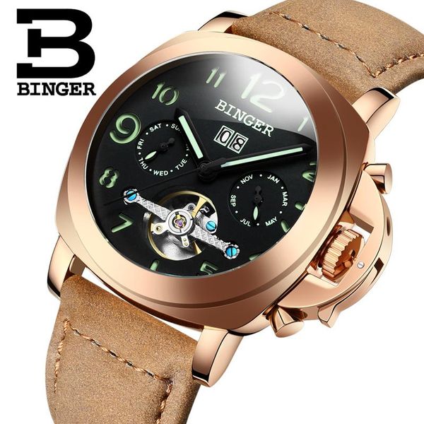 

genuine switzerland binger brand men automatic mechanical luminous calendar waterproof sports chronograph military gold watch wristwatches, Slivery;brown