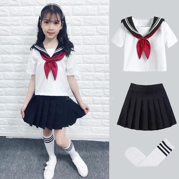 

clothing sets kid jk sailor dress 4pcs girl japanese korean orthodox school uniform pleated skirt navy long short sleeve kawaii suit anime c, White