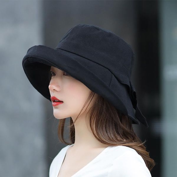 

wide brim hats summer black bow bucket hat women fashion korea bob cotton panama sun fisherman's cap, Blue;gray
