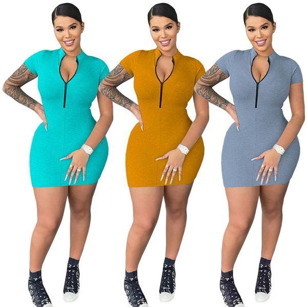 

casual dresses european and american women's fashion solid color zipper stand collar short sleeve hip dress nightclub, Black;gray