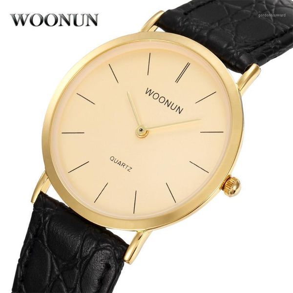 

men ultra thin watches woonun simple genuine leather quartz minimalist 2 pointer business watch wristwatches, Slivery;brown