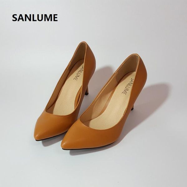

brand sanlume 5.5cm/7.5cm/9cm women pointed toe high heels beige pink wedding party shoes size 35 to 41 real picture dress, Black