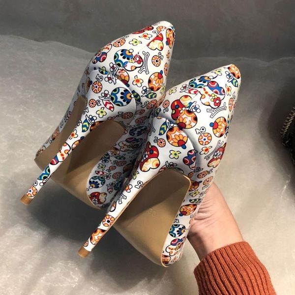 

dress shoes flower printed leather stiletto heel pumps 12cm 10cm 8cm pointed toe patchwork slip-on shallow club party, Black