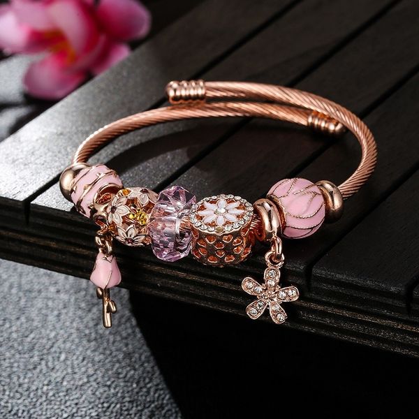 

fashion diy beaded golden flower stainless steel adjustable crystal bracelet rose gold crystal european charm beads dangle fits pandora char, Black