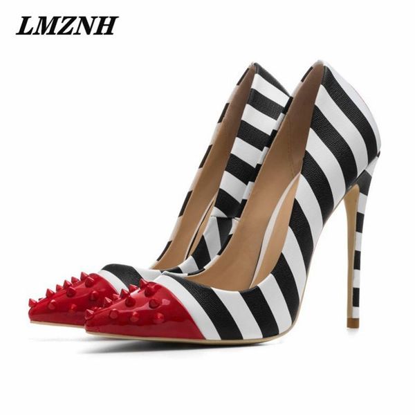 

dress shoes lmznh summer women high heels pointed toe rivet zebra pattern mixed colors stiletto pumps trend brand designer, Black