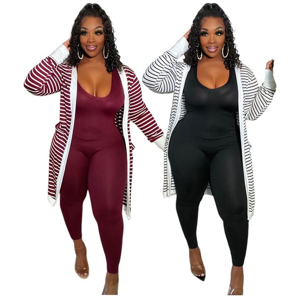 

women print striped jackets fashion trend long sleeve pockets mid-length cardigan outerwear designer winter female casual thin maxi coats, Black;brown