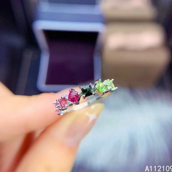 

cluster rings fine jewelry 925 sterling silver inset with natural gem women's luxury exquisite square color tourmaline adjustable row r, Golden;silver